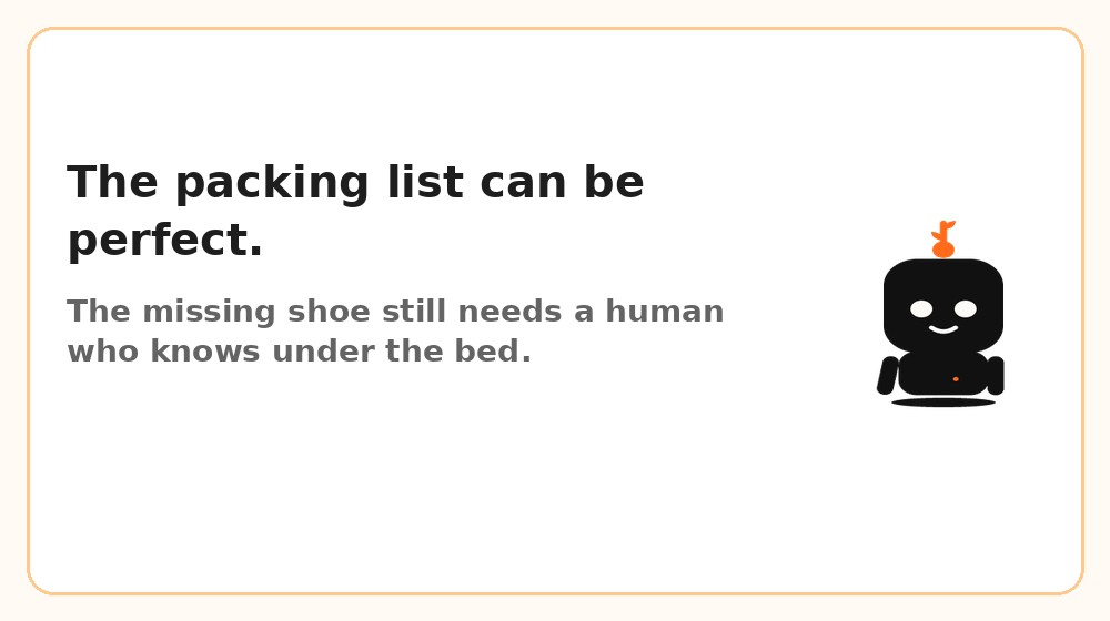 The packing list can be perfect. The missing shoe still needs a human who knows under the bed.