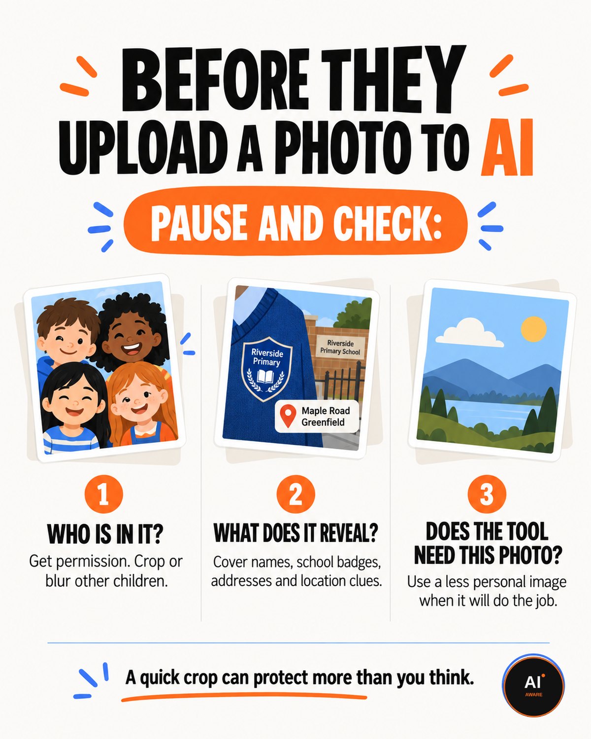 Who is in it? What does it reveal? Does the tool even need this photo? A quick crop can protect more than you think.