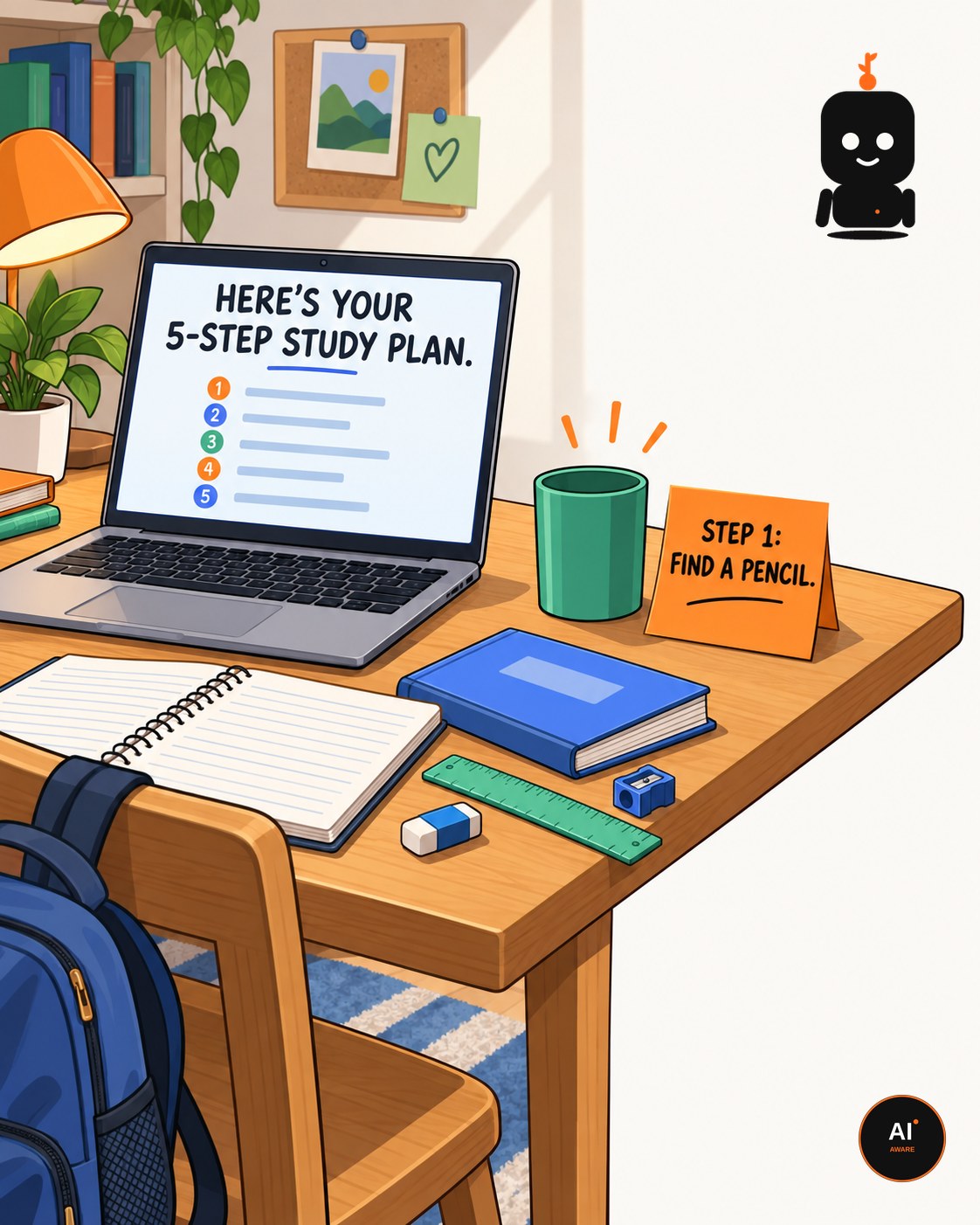 A perfect five-step study plan on the laptop — and a sticky note that tells the truth: Step 1 is find a pencil.