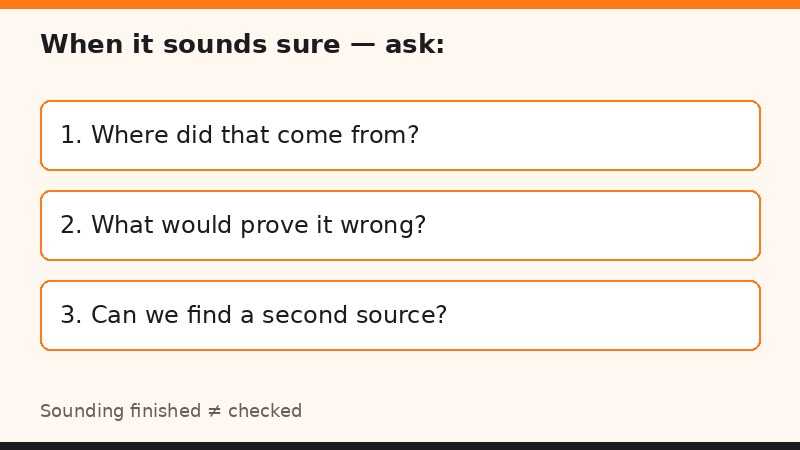 When the answer sounds finished, three small questions teach checking.