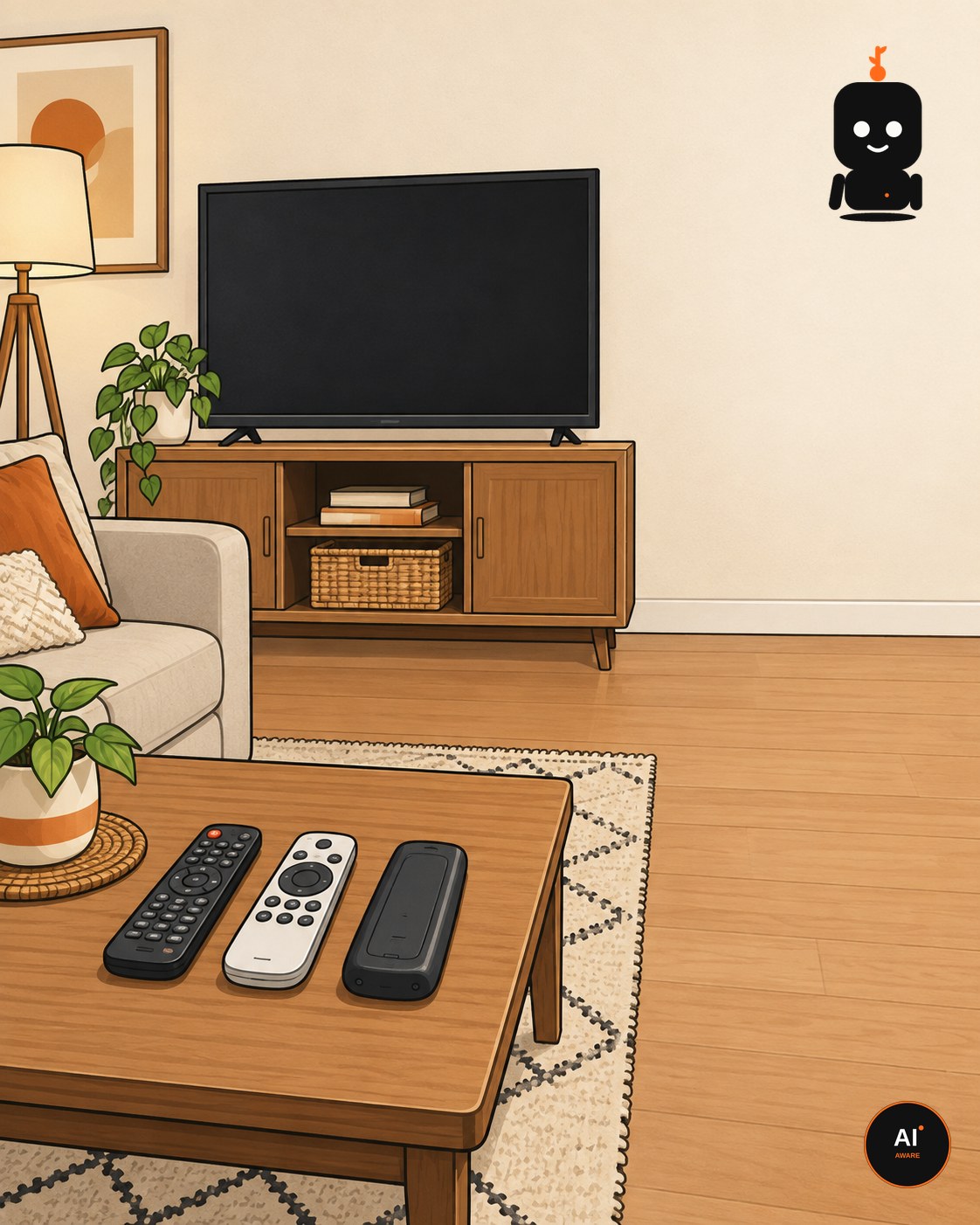 Three remotes on the coffee table — a household puzzle no chatbot can solve from the cloud.