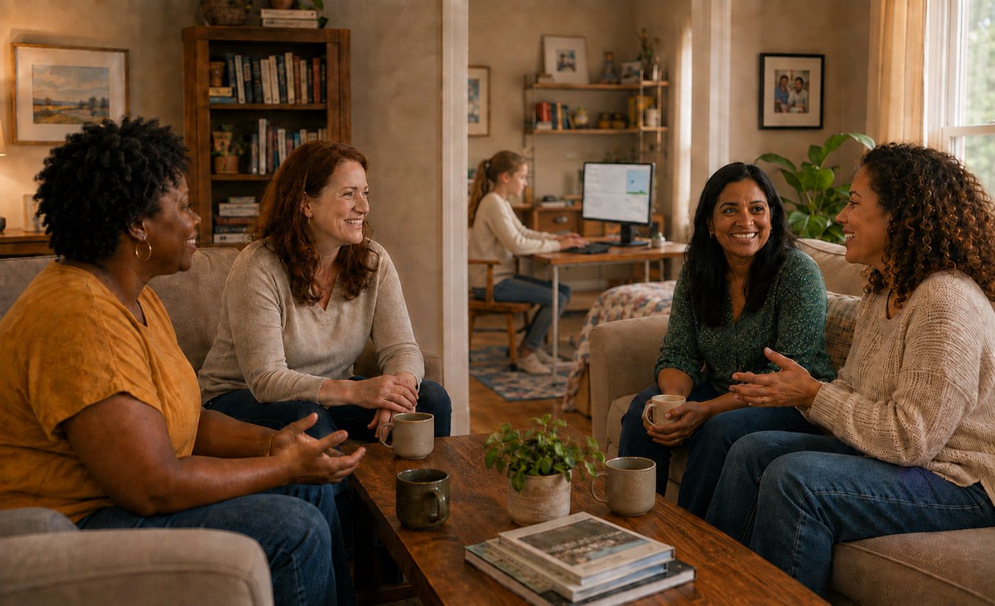 Parents relaxing over coffee while a child builds at the computer in the next room